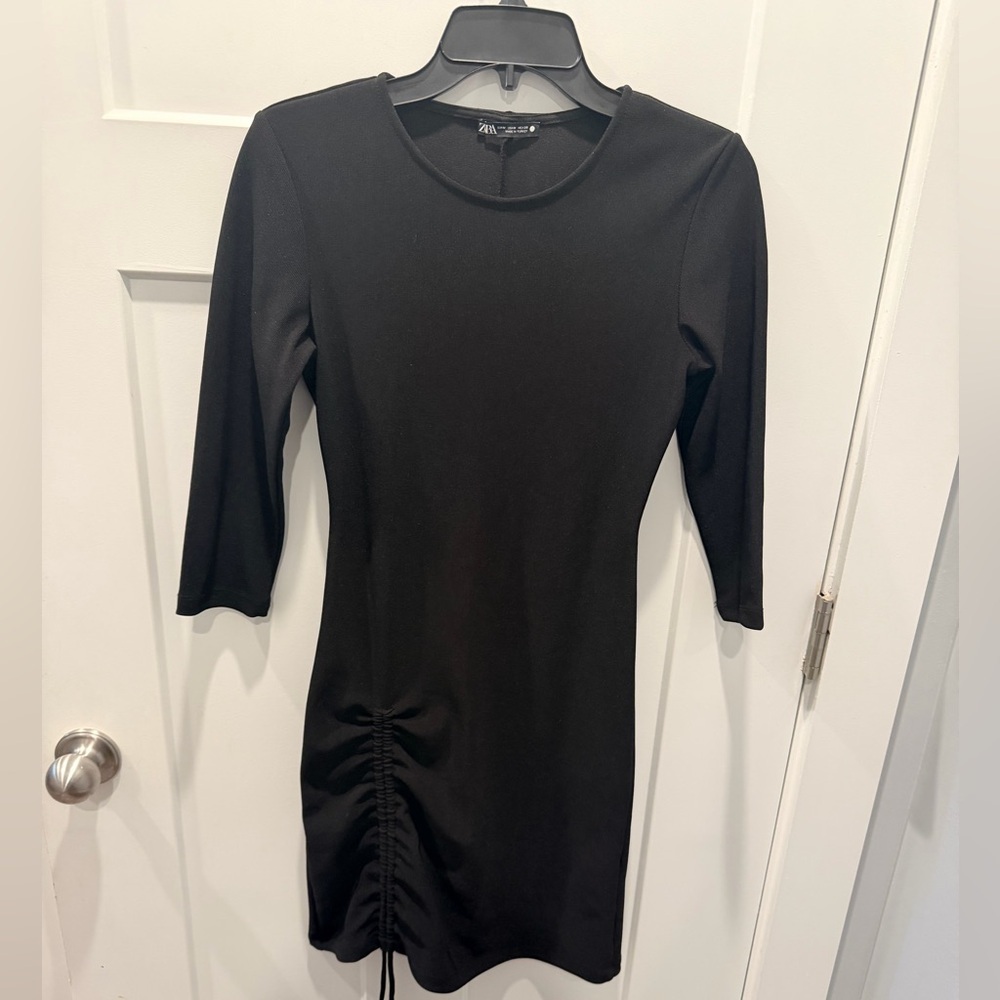 Zara Black Ruched Bodycon Dress Medium Long Sleeve Drawstring Mini Stretch